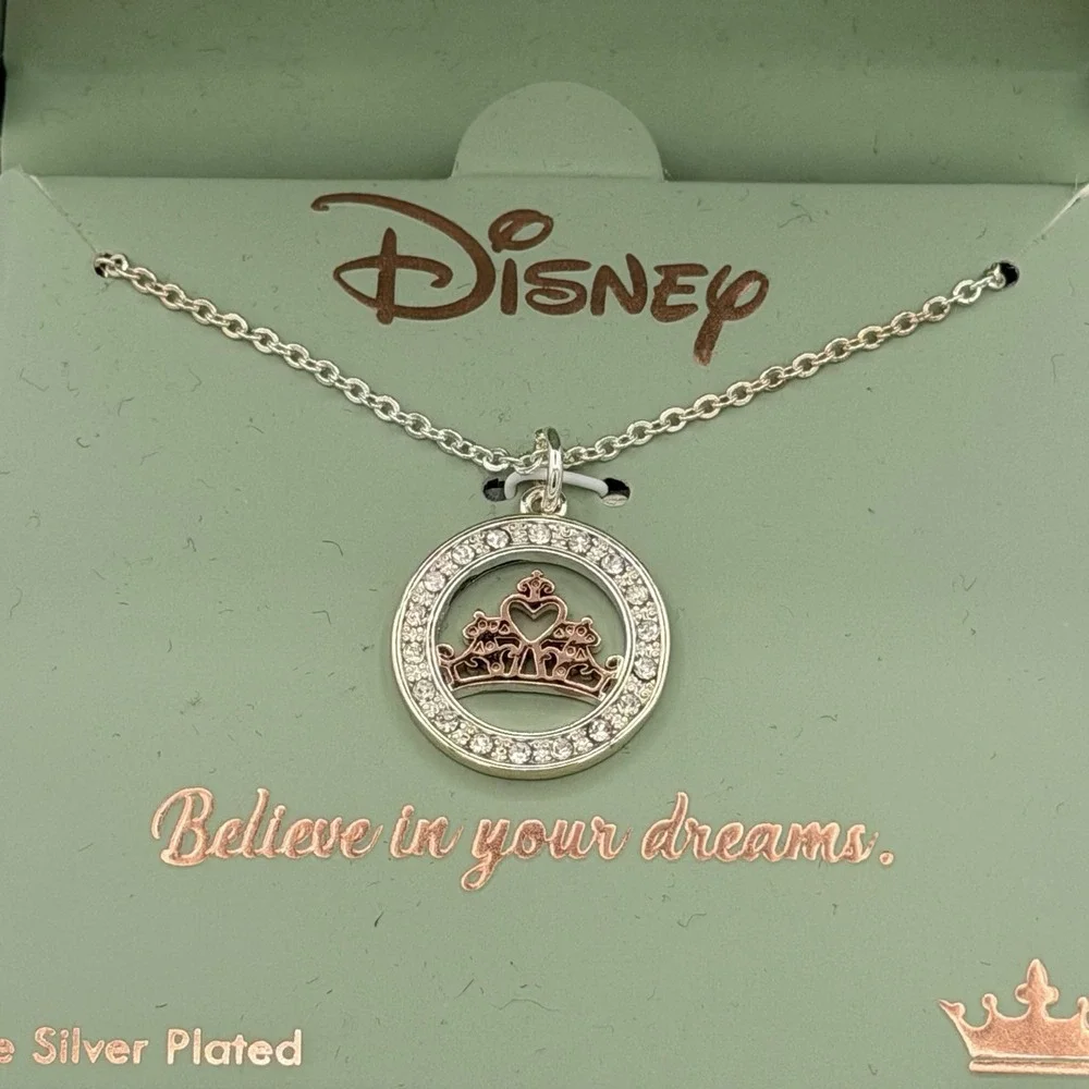 Beautiful Disney Believe In Your Dreams Crown Necklace Fine Silver Plated NIB